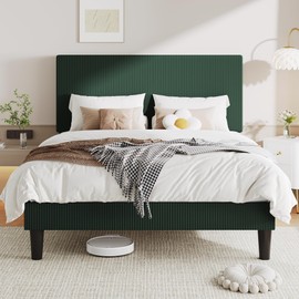 Allewie Queen Size Upholstered Bed Frame with Vertical Channel Tufted Headboard, Soft Corduroy Fabric Platform Bed, Strong Wooden Slats Support, Easy Assembly, No Box Spring Needed, Dark Green
