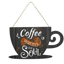 Jetec Coffee Bar Business Door Sign Wooden Wall Hanging Sign Rustic Farmhouse Cup Plaque Coffee Warms The Soul for Shop Store Window Restaurants Decoration 11.8 x 6.8 Inches