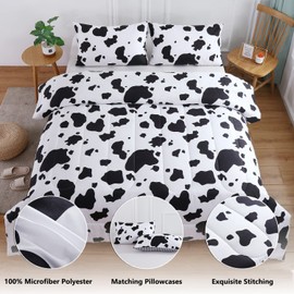 PERFEMET 3Pcs Cow Print Comforter Set Full Size Black White Cartoon Cute Geometric Bedding Set Soft Reversible Plaid Grid Bed Quilted Set for Kids Teens Boys Girls