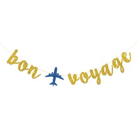 RoadSea Bon Voyage Banner - Travel Theme Party Bunting Supplies - Job Change - Retirement - Moving - Farewell Party Decorations - Gold Glitter