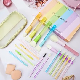 LULUCOLORS Juego de 18 pinceles de maquillaje para principiantes - Apto para viajes con mangos suaves aptos para artritis y cerdas que no se desprende
