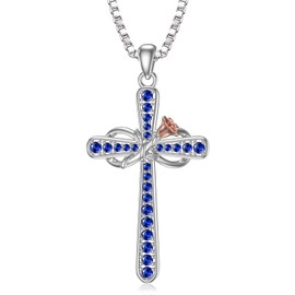 Cross Necklace for Women Sterling Silver September Birthstone Necklace Sapphire Pendant Necklace Rose Flower Infinity Cross Necklace Religious Jewellery Birthday Gifts for Girlfriend Wife