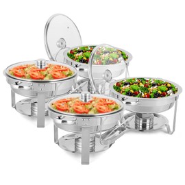 ROVSUN 5Qt 4 Pack Chafing Dish Buffet Set, NSF Stainless Steel Round Chafers for Catering, Buffet Servers and Warmers Set with Glass Lid & Lid Holder, Thick Stand Frame for Wedding Party Banquet Event