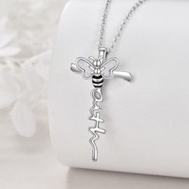 LUHE Bee Necklace Faith Cross Necklaces Sterling Silver Honey Bumble Bee Pendant Necklaces Jewelry Gifts for Women Mother