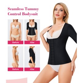 Gotoly Women Waist Trainer Corset Tummy Control Shapewear Upper Arm Shaper Post Surgical Slimmer Compression Tops(Black Short Sleeve,Large)