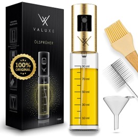 VALUXE® Premium Ölsprüher Gold – Das ORIGINAL - Extrem präzise Öl-Sprühflasche aus Edelstahl und Glas - Multifunktionale Ölspender Sprühflasche -Stylische und Coole Küchen Gadgets