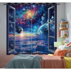 Space Galaxy Blackout Curtains for Girls Boys Kids Home Decor, Universe Nebula Galaxies Solar Planet Grommet Thermal Insulated Drapes Darkening Window Curtain for Bedroom Living Room, 42 x 45 Inch