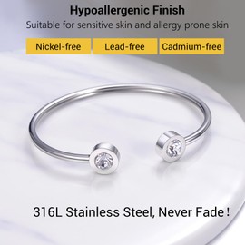 PROSTEEL April Birthstone Open Bangle Bracelet Stainless Steel Women Girls Bracelet Minimalism Fashion Jewellery Accessory for Birthday Christmas Mother's Day (Silver), Stainless Steel, Cubic Zirconia