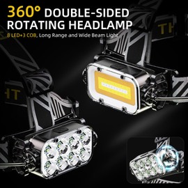 LED Rechargeable Headlamp for Running, Emergency, Outdoor Activities, 360° Rotating, Digital Power Display Head Lamps, Super Bright 8 LED + 3 COB Headlight with Red Light, Waterproof Flashlight