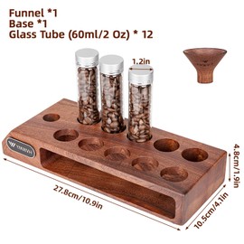 YMWVH Single Dose Coffee Bean Storage Tubes 12 Pcs Coffee Bean Cellar Container Dosing Glass Vials,2oz Glass Jars With Lids，2 Layers Sapele Display Stand And Wood Funnel(Large)