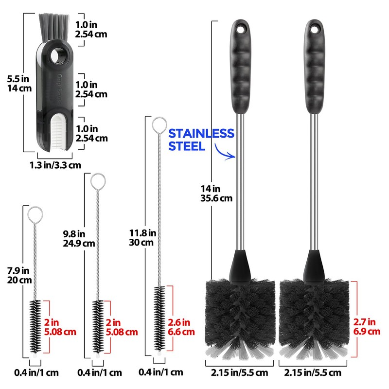 Holikme 6 Pack Bottle Brush Set, 14" Long Handle Stainless