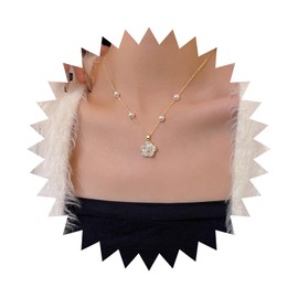 Yheakne Boho Camellia Pendant Necklace Gold Beads Chain Necklace Vintage Crystal Flower Necklace Pearl Camellia Choker Necklace Jewellery for Women and Girls, Zinc