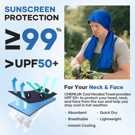 CHEMLUK Cooling Hoodie Towel - Cooling Towels for Neck and Face, Instant Cool When Wet, UPF 50 Sun Protection, Cool Towel for Hot Weather, Great for Sports, Gym, Golf, Camp - Blue (47x12)