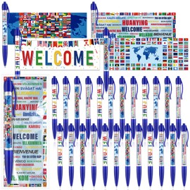 48 Sets International World Flag Ballpoint Pens Country Flags Cards Bags Back to School Gifts for Students School Office Supplies Multicultural Decorations for International Sports Party Favors