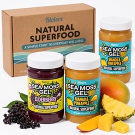 Biolore Sea Moss Gel Set of 3 – Total 24oz – Flavored Superfood with Natural Electrolytes – Mango-Pineapple, Elderberry, Mango-Pineapple – Wildcrafted Mango Jam Sea Moss – Minerals, Vegan, Made in USA
