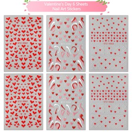 Valentine's Day Nail Art Stickers with Red Heart Design Valentine's Day Nail Sticker 3D Adhesive Romantic Red Heart French Glitter Nail Tip Valentine's Day Exquisite Nail Decor for Women 6PCS