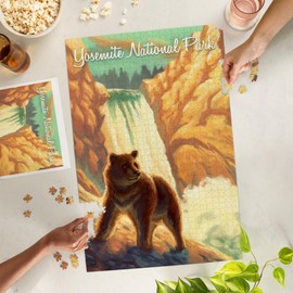 Yosemite National Park, California, Bear, Falls, Oil Painting (1000 Piece Puzzle, Challenging Jigsaw Puzzle for Adults, Made in USA)