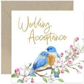 Premium Wedding Acceptance Card, Cute Bird Couple In Floral Blossom Design, Thank You, Blank Inside