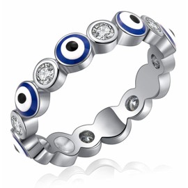 Esbbela Evil Eye Ring for Women 18K White Gold Plated Evil Eye Eternity Band Cubic Zirconia Braided Engagement Promise Statement Ring Jewelry Blue Eye Size 6