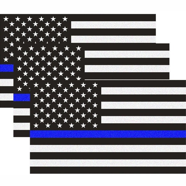 Reflective US Flag Decal Packs with Thin Blue Line for Cars & Trucks, 5 x 3 inch American USA Flag Decal Sticker Honoring Police Law Enforcement Vinyl Window Bumper Tape (3-Pack)