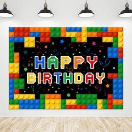 Riyidecor Building Blocks Happy Birthday Backdrop Party Colorful Construction Bricks and Blocks Theme 7Wx5H Feet for Kids Boys Photography Background Cool Photo Studio Shoot Polyester Fabric