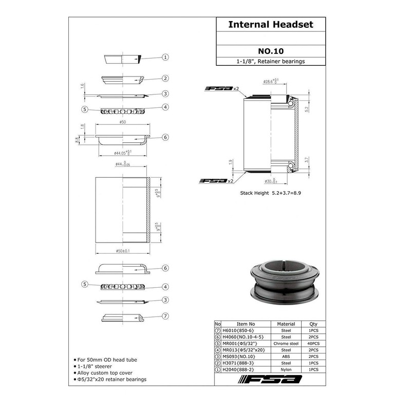 FSA No.10 Internal ZS Style Bike Headset 1 1/8 Inches