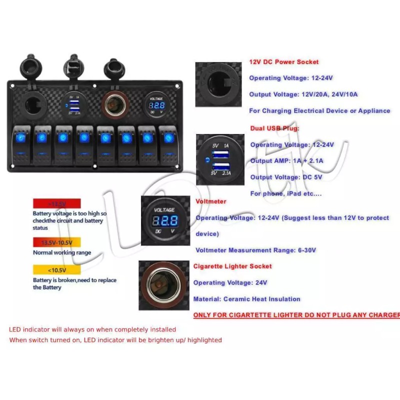 LLD_TK 8 Gang Toggle Rocker Switch Panel Voltmeter USB Boat