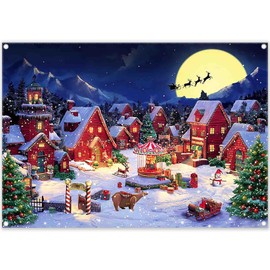 ZTHMOE Fabric 7x5ft Cartoon Christmas Village Photography Backdrop Winter Night Xmas Tree Santa Claus Background Holiday Party Decorations Photo Banner Props