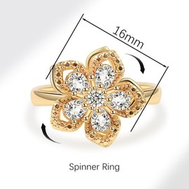 Eioi & Lmnm Women's Adjustable Crystal Flower Spinner Fidget Ring, Relaxing Stress Relief Floral Rotating Ring, 18K Gold Plated Titanium Steel Spinning Bauhinia Flower Open Ring, Spin Ring Jewelry Gifts for Mom Sister Daughter Wife (White)