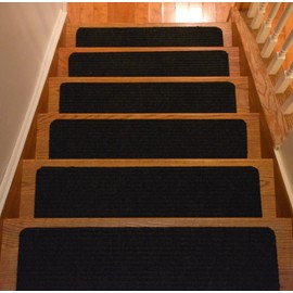 Stair Treads Collection Set of 9 Indoor Skid Slip Resistant Carpet Stair Tread Treads Black Color (8 Inch x 30 Inch) (Black, Set of 9)