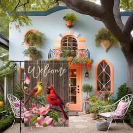 Welcome Cardinal Garden Flag Outdoor Decor 12x18 Inch Double Sided Small Burlap Yard Outside Lawn Patio Rustic Farmhouse Seasonal Wildflowers Spring Summer Flags Decorations