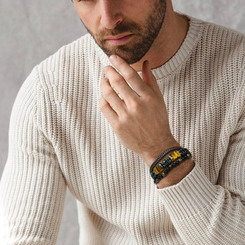 Mens Tiger Eye Leather Bracelet, Natural Tiger Eye Stone Beads