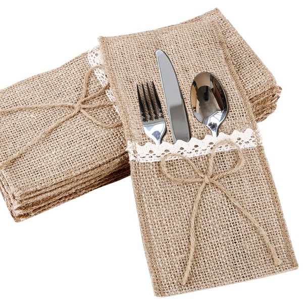 20 x Jute Canvas Lace Wedding Cutlery Holder Fork Jute Vintage Baptism Country Decoration Table Supplies Christmas Bow Jute