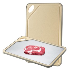 MAXCOOK Double Sided Stainless Steel Cutting Board Small Wheat Straw PP Cutting Board for Meat Dishwasher Safe 14.1 * 10 Inch