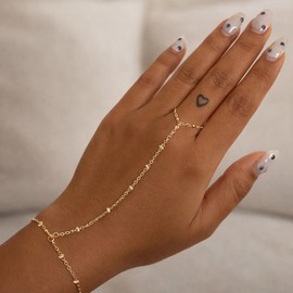 FahJwery Ring Bracelet Hand Chain for Women Trendy,18K Gold PVD Gold Stainless Steel Hand Chain Bracelet Non Tarnish, Gold Link Bracelet for Women Valentine Gifts