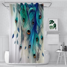 Watercolor Peacock Feather Shower Curtain Bathroom Decor Teal Blue Green Leaf Bathtub Accessories Women Girls Simple Turquoise Floral Set Waterproof Fabric Shower Curtain 12 Pack Hooks 60*72 inches