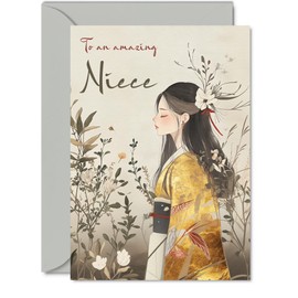 Niece Birthday Card - Gold Geisha Girl - Beautiful Happy Birthday Card for Niece from Auntie Uncle, 5x7 Inch Female Oriental Bday Golden Greeting Cards