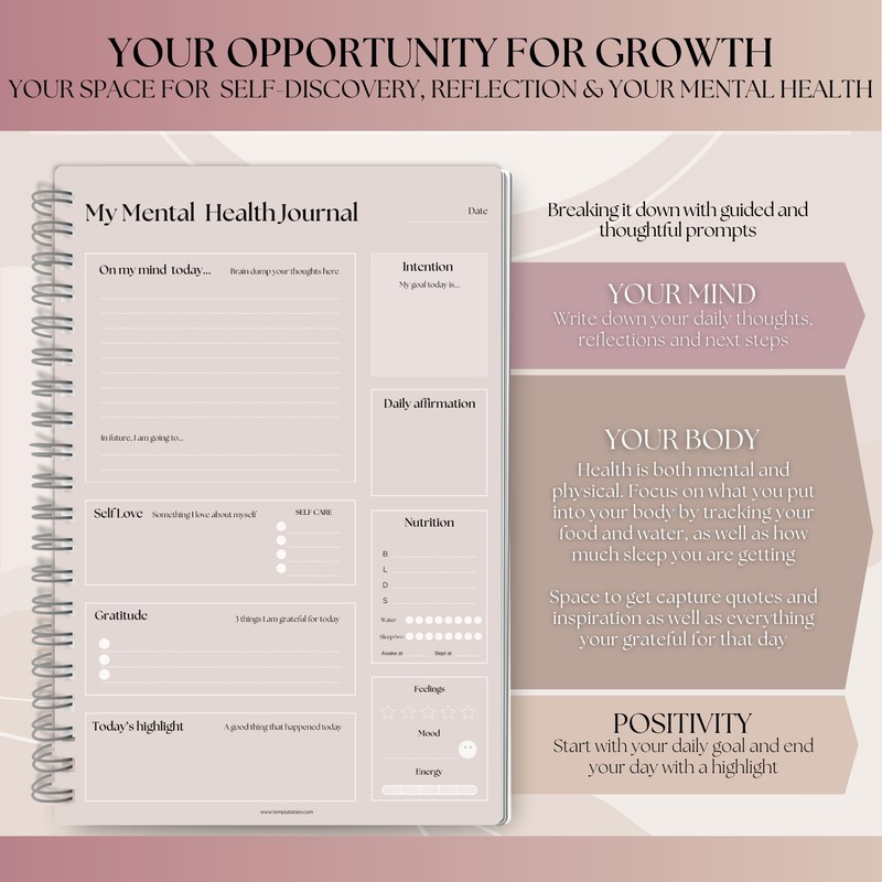 Mental Health Journal Planner | Daily Gratitude, Self Care, Intentions,