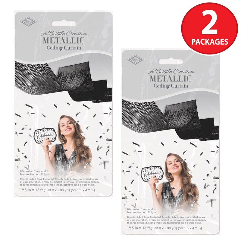 Beistle 2 Piece Black Metallic Plastic Fringed Ceiling Curtains 16’,