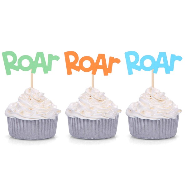 Juego de 24 adornos para cupcakes con diseño de león azul, naranja y verde