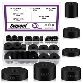 Swpeet 30Pcs 6 Sizes Round Rubber Spacer Assortment Kit, 10/12mm Anti Vibration Black Rubber Washers Kit, Neoprene Spacer Multi Purpose Thick Rubber Grommets for Home and Car Accessories