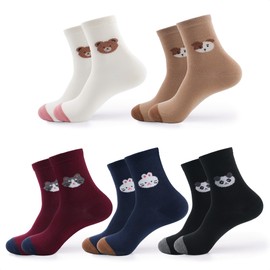 kikiya socks Women Cute Crew | 5 Pairs Animal Character Graphic Novelty Designed Cute Bear Dog Cat Rabbit Panda Funny Crazy Face Print Daily Boot Cotton Socks | Womens Ladies Girls Gift | Character A