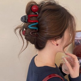 Wave Hair Clips for Women, Large Acrylic Hair Claw Clips Red Blue Brown Grey Waves Hair Barrettes Red Beads Designs Strong Hold Jaw Clip Nonslip Catch Clips Cute Hair Accessories for Thick Thin Hair