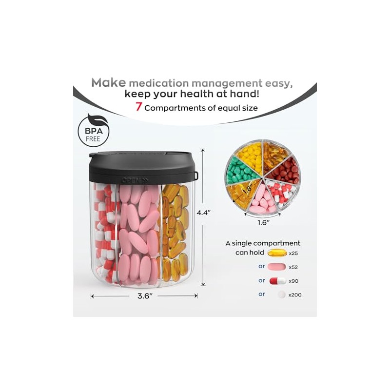 HIONXMGA Travel Pill Organizer with 7 Compartments