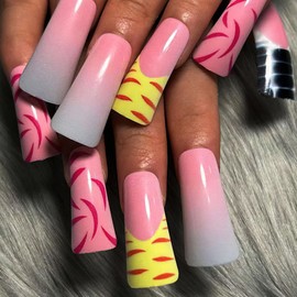 ROFIBUT Long Curved Press on Nails Duck Fake Nails with Designs Black Hawksbill Turtle French Full Cover Glue on Nails Glossy Pink White Gradient False Nails Reusable Y2K Stick on Nail for Women 24Pcs