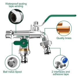 Mesybveo Double Garden Tap Brass Rust with 1/2 Inch Inlet and 3/4 Inch Outlet, Double Tap with Double Connection and Hose Nozzle, Frost-Proof, Outlet Tap for Outdoor Garden