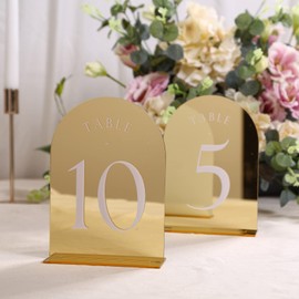UNIQOOO Gold Mirror Arch Wedding Table Numbers with Stands 1-20, 5x7 Acrylic Display Signs and Holders, Pack of 20, Perfect for Centerpiece, Reception, Decoration, Party, Anniversary, Event