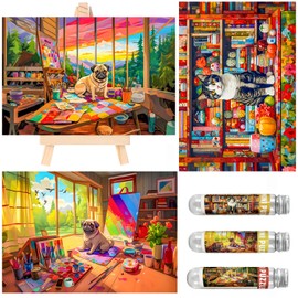 Small Jigsaw Puzzles for Adults 150 Pieces Vintage Pug & Cat Oil Painting Mini Jigsaw Puzzles Challenging Mini Puzzles Tiny Jigsaw Puzzles 6 x 4 Inches, 3 Pcs,Mini Easel Included