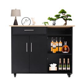 BuYouZaiLaa Kitchen Island Cart with Storage Cabinet Rolling Kitchen Island Side Table with Worktop Rolling Trolley Cart with Drawer for Kitchen (Black)