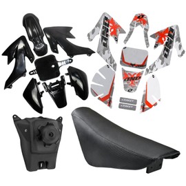 ICONSPORTSS CRF50 Plastic Kit XR50 Plastic Fender Kit with Graphics Sticker Decals Kit + Seat & Gas Fuel Tank For CRF 50 XR 50 SDG SSR 107 110 125 Pit Dirt Bike (Black)
